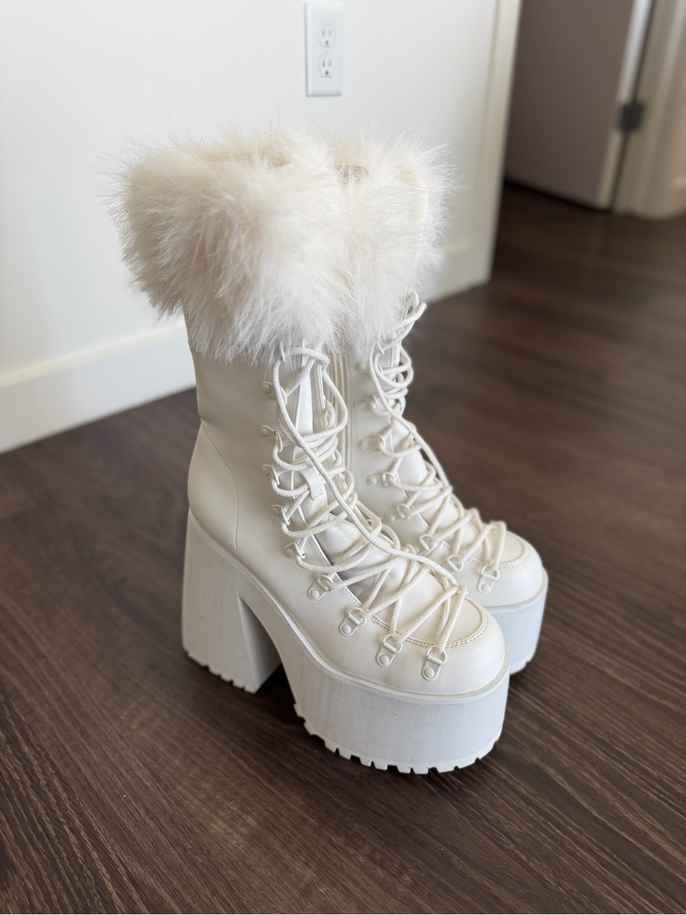 Faux Fur Platform Lace-Up Boots in Cream